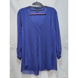 Alfani Womens Medium Blue Top Sheer Nylon Solid Career Business Lined V-Neck
